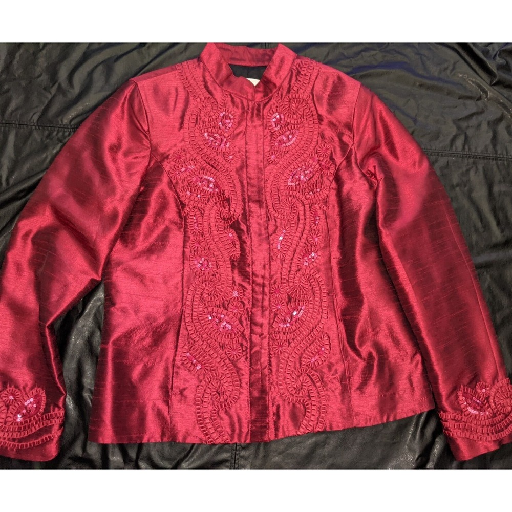 Chicos Applique‎ Jacket Size Medium Red Tiena Twirling Applique Cardinal Size 1